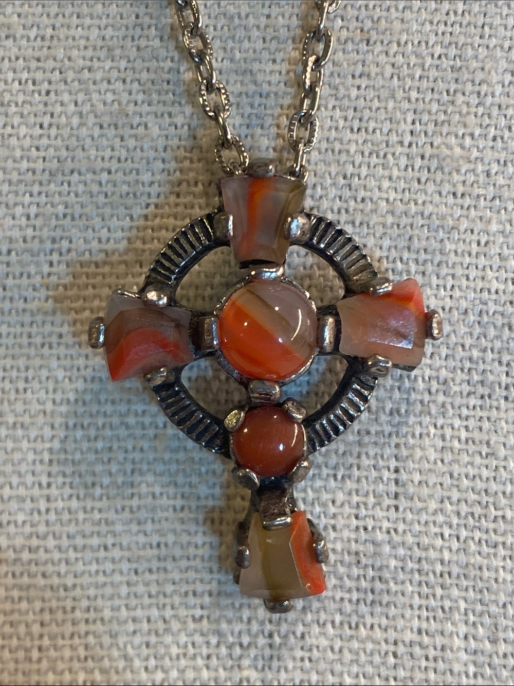 Vintage Scottish Agate Style Celtic Cross Necklace 22” Silver Tone